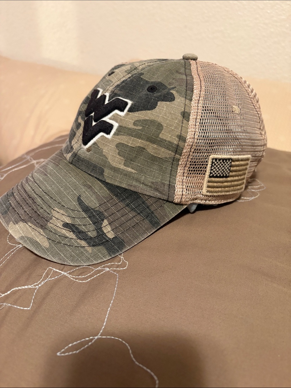 Top of the World Camo Trucker Hat with Black WV Patch and Tan Mesh - Picture 2 of 5
